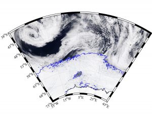 Image: MODIS-Aqua via NASA Worldview; sea ice contours from AMSR2 ASI via University of Bremen