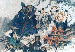 Ancient Chinese figures regard a small gunpowder explosion.